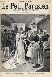 Beyazlatıcıların kraliçesi Mi Careme Fete (Mi-Careme) arifesinde atölyede tuvaleti deneyin. 12/03/1893 tarihli “Le Petit Parisien” gazetelerinden biri (gravür) by French School