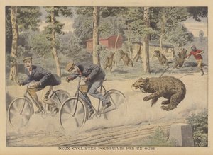 Kaçan bir ayı tarafından kovalanan iki bisikletçi (renkli taş) by French School