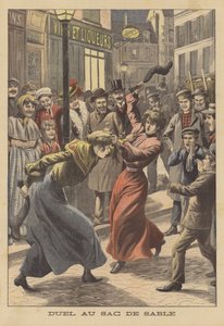 Kum dolu çoraplarla kavga eden iki kadın (renkli taş baskı) by French School