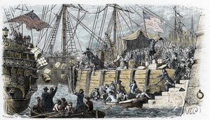 ABD Bağımsızlık Savaşı: İngiliz Parlamentosu tarafından çay ve diğer gıda maddelerine uygulanan vergilere karşı (Büyük Britanya kökenli) Amerikalı yerleşimcilerin isyanı. Kızılderili kılığına girerek com'a girdikten sonra çayın yükünü denize atıyorlar. by French School
