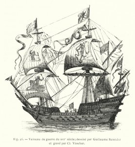 16. yüzyıl savaş gemisi; Guillaume Barendsz tarafından çizilmiş ve Cl Visscher tarafından oyulmuş (gravür) by French School