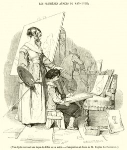 Van-Dyck annesinden çizim dersi alıyor (gravür) by French School