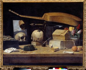 Vanitas Natürmort (Vanite), kart destesi, alet ve kafatası ile. Fransız Okulu