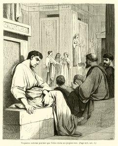 Nero kendi dizelerini okurken Vespasian uyuyor (gravür) by French School