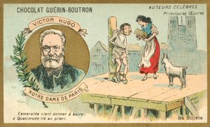 Victor Hugo, Fransız yazar ve Notre Dame de Paris (chromolitho) adlı romanından bir sahne by French School