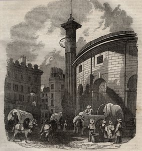 Paris'teki halle au ble (1763-1769'da inşa edilmiştir) ve Medici sütunu, 19. yüzyılın başlarında gravür - Paris'te buğday ve mısır değişimi (1763-1769'da inşa edilmiştir), 19. yüzyılın başlarında gravür - Halle au ble'ın görünümü, Mevcu by French School
