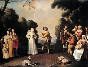 Muhtemelen bir düğündeki köy dansı sahnesi, solda hamile bir kadın. Fransız okulunun resmi. 17. yüzyıl Avignon, Musee Calvet by French School
