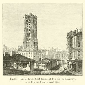 1830'dan önce rue des Arcis'ten alınan Saint-Jacques kulesi ve Cour du Commerce'in görünümü by French School