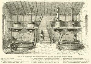 Puteaux'daki Riester bira fabrikasının kazan dairesi ve bira fabrikasının iç görünümü (gravür) by French School