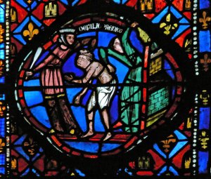 Prodigal Son hikayesinden bir sahneyi betimleyen Window Ew-L: Cutesanlar tarafından dışarı atılır by French School