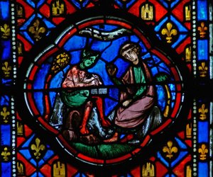 Theophilus hikayesinden bir sahneyi gösteren Window Ew-R: şeytanla bir anlaşma imzalar by French School