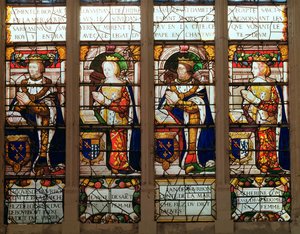 Jacques de Bourbon (1315-61) Comte de la Marche, Jeanne de Chatillon-Saint-Pol (d.1371) Jean I de Bourbon (1361-94) ve Catherine, Comtesse de Vendome'u gösteren pencere by French School