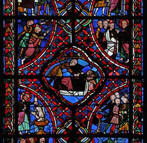 St James penceresinin üçüncü bölümünü gösteren pencere, w5: tüm sahneler tanımlanmamıştır, ancak bir vaftiz ve muhtemelen azizin şehadetini görebiliriz. by French School