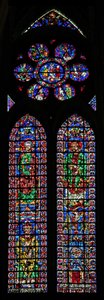 St Peter ve St Andrew'u gösteren w102 penceresi; Soissons Katedrali ve Piskopos; gülde Aziz Petrus'un hayatından sahneler by French School