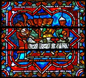 Prodigal Son hikayesinden bir sahneyi gösteren w17 penceresi: yeniden birleşme şöleni by French School