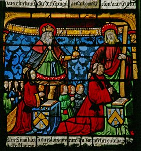 Bağışçıları gösteren w3 penceresi - Henriette de Mauroy ve Simon Liboron, çocukları ve koruyucu azizleri St Henry ve Cyrene
