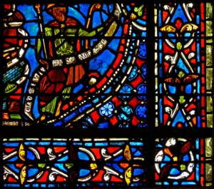 Firavunu bir bandrol tutan I Clement of Chartres kelimeleriyle betimleyen w9 penceresi bu pencereyi yaptı (Joseph penceresinde) by French School
