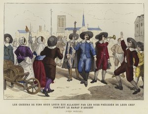 Gümüş kadehi taşıyan liderlerinin arkasından sokaklardan geçen şarap satıcıları, XIII. Louis saltanatı, 17. yüzyıl by French School