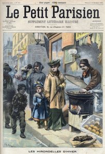 Kış kırlangıçları: sokakta isle kaplı genç bir baca çocuğu. Kaldırımda bir polis, bir anne ve kızı kestane tüccarı. “” Le Petit Parisien” de gravür by French School