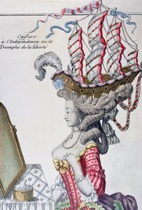 Bir saç modeli ile bir Günlük Elbiseli Kadın a la Belle Poule, Amerikan Bağımsızlık dönemi, 1779-80 by French School