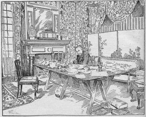 Yazar Alexandra Dumas Jr. (1824-1895) çalışma dolabında. 12 Aralık 1895 tarihli “La gazette du dimanche” de gravür. by French School
