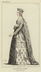 XIV Century, Blanche of Navarre, Fransa Kraliçesi (renkli gravür) by French School