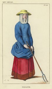 XIV Yüzyıl, Köylü Kadın (renkli gravür) by French School