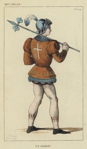 XIV Century, Bir Asker (renkli gravür) by French School