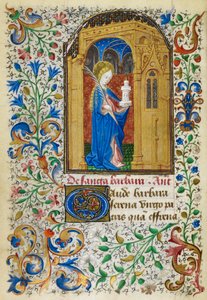 Yates Thompson 3, fol.289v St. Barbara Minature of St. Barbara altın bir kemerin altında, bir avuç içi ve kulesini taşıyor, tam bir yaprak kenarlı, oy hakkının başlangıcında, 