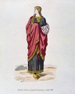 Yüzyıllar boyunca Fransızların sivil ve askeri kostümlerinden 990 dolaylarından genç carolingian kızı by French School