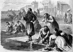 Fransız ordusunun Zouaves çamaşırlarını yıkıyor. İtalya, Risorgimento de 1859. “Le Monde Illustré” n°122, 13 Ağustos 1859 tarihli gravür. by French School