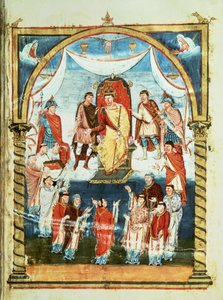 ds Lat 1 fol.423r Kral II. Charles Kont Vivian ve Saint-Martin de Tours Rahiplerinden İncil Almak, Kel Charles