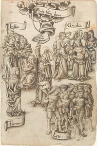 Umut, Cennete Ulaşmak, Üzgün ve Mutlu İnsanların, Sevinçlerin ve Korkunun Arasında Durur [fol. 19 rekto] by French early 16th Century