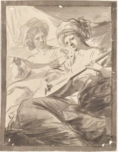Mandolinli iki kadın (Victoire ve Sophie von Fries kız kardeşlerin çifte portresi için çalışma mı?) by Friedrich Heinrich Fuger
