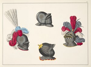 Miğferler, Dr. Franz Kottenkamp'ın 'A History of the Development and Customs of Chivalry'den bir levha, Carl Hoffmann tarafından yayınlanmış, 1842 by Friedrich Martin von Reibisch