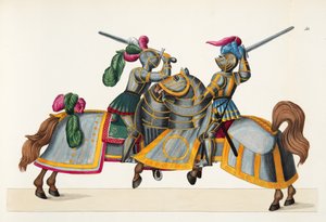 Bir turnuvada iki şövalye, Dr. Franz Kottenkamp'ın 'A History of the Development and Customs of Chivalry'den bir levha, Carl Hoffmann tarafından yayınlandı, 1842 by Friedrich Martin von Reibisch