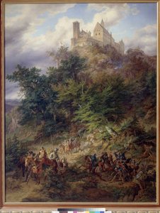 Şövalyelerle manzara (Wartburg), Preller, Friedrich, the Elder (1804-1878). Tuval üzerine yağlıboya