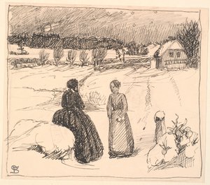 Karda uzun siyah giysiler içinde bir eş oturuyordu... by Fritz Syberg