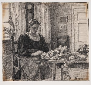 Karım (Bayan Anna Syberg) bir çelenk bağladı by Fritz Syberg
