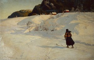 Bir kayakçı ile kış sahnesi by Fritz Thaulow