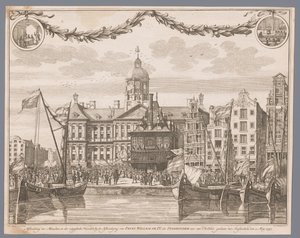 Amsterdam'daki Dam Meydanı'ndaki kalabalık, IV. William'ın stadtholder ilanını kutluyor 2 Mayıs 1747'de Amsterdam'a kadar yapılan, IV. Prens William'ın Hollanda'nın stadtholder vb. by G.J. Marstaller