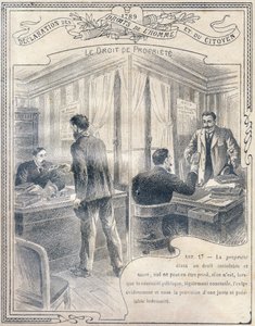 1789: İnsan ve yurttaş hakları beyannamesi: Mülkiyet hakkı. İlkokulun üç dersinin ve Liseler ve Kolejlerin ilk sınıflarının öğrencilerine yönelik "Etik ve yurttaşlık eğitiminin eşsiz kitabı"nda gravür,