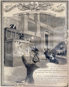 1789: İnsan ve Yurttaş Hakları Bildirgesi: İfade özgürlüğüne saygı. İlkokulun üç dersi ile lise ve liselerin ilköğretim sınıflarının öğrencilerine yönelik "Etik ve yurttaşlık eğitiminin eşsiz kitabı"ndaki gravür. by G. Dascher