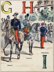 Harfler G H I: General, Hussard ve Eğitmen. "Alphabet militaire" de gravür, Grand-Bebe serisi. Oymak. Pont-a-Mousson görüntüleme. Louis Vagne, Yazıcı-Yayıncı, yaklaşık 1900. Çizimler, G. Dascher. 20 sayfa. Karartma: 31,5x24,5cm by G. Dascher