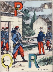 Harfler P Q ve R: Mesaj, Qui vive! ve Memur Turu. "Alphabet militaire"de gravür, Grand-Bebe serisi. Oymak. Pont-a-Mousson görüntüleme. Louis Vagne, Yazıcı-Yayıncı, yaklaşık 1900. Çizimler, G. Dascher. 20 sayfa. Karartma: 31,5x24,5cm