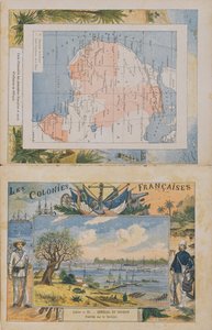 Afrika'daki Fransız mülklerinin ve etki alanlarının haritası ve Senegal Nehri'nin bir görünümü, bir okul alıştırma kitabının kapağı, 19. yüzyılın sonlarında (renkli gravür)