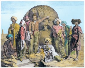 Arkeolog Bernardino Drovetti, Mısır çölünde devasa bir kafayı ölçerken, 1819 by G Engelmann