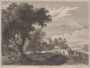 Köprüden Geçen Yolcularla Manzara (gravür ve gravür) by Gabriel (after) Perelle