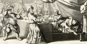 İsa, Ferisi ile akşam yemeğine davet edildi, Aziz Luka İncili'nden bir örnek, bölüm 11:37, 1728 by Gabriel Francois Louis Debrie