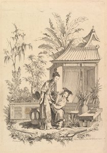 Bir manzara, 18. yüzyıl figürleri ile Chinoiserie sahnesi.